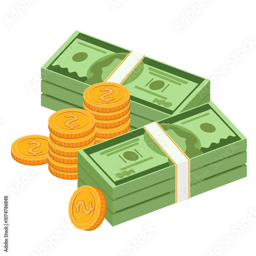 Cartoon banknotes and coins, green dollar bill stacks, bundles, and piles, flying banknotes and falling gold coins.