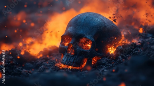 An Eerie Dark Skull Amid Small Explosions of Flames and Ember, Capturing a Haunting Atmosphere of Foreboding and Mystery