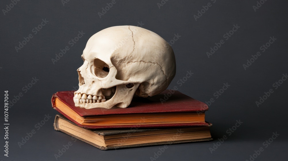 A Detailed Still Life of a Human Skull Resting on Stacked Leather-Bound Books with a Dark Background, Exploring Themes of Knowledge and Mortality A Detailed Still Life of a Human Skull Resting on Stacked Leather-Bound Books with a Dark Background, Exploring Themes of Knowledge and Mortality