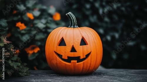 Intimate Close-Up of a Vibrant Orange Halloween Pumpkin with a Classic Face Carved into Its Surface Surrounded by Greenery and Soft Background Imagery