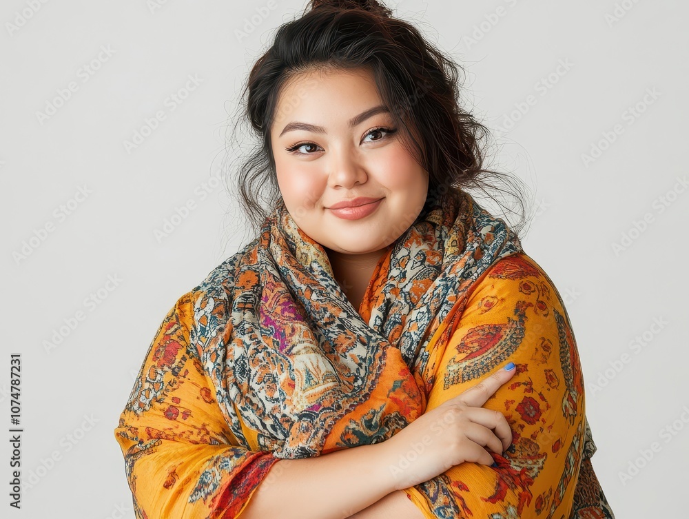 Portrait of an Asian curvy woman with glasses, friendly expression, vibrant scarf, white backdrop, positive energy Portrait of an Asian curvy woman with glasses, friendly expression, vibrant scarf, white backdrop, positive energy