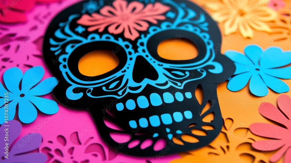 Vibrant Day of the Dead scene featuring a black papel picado skull adorned with intricate designs, set against a bright pink backdrop with lively paper flowers in various colors. Vibrant Day of the Dead scene featuring a black papel picado skull adorned with intricate designs, set against a bright pink backdrop with lively paper flowers in various colors.