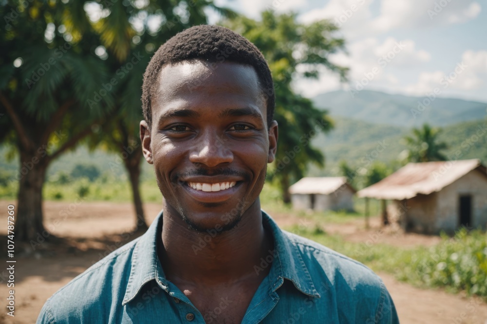 Close portrait of a smiling young Haitian male farmer standing and looking at the camera, outdoors Haitian rural blurred background Close portrait of a smiling young Haitian male farmer standing and looking at the camera, outdoors Haitian rural blurred background