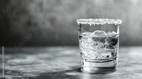 A shot glass of tequila with a salt rim and ice cubes. photo