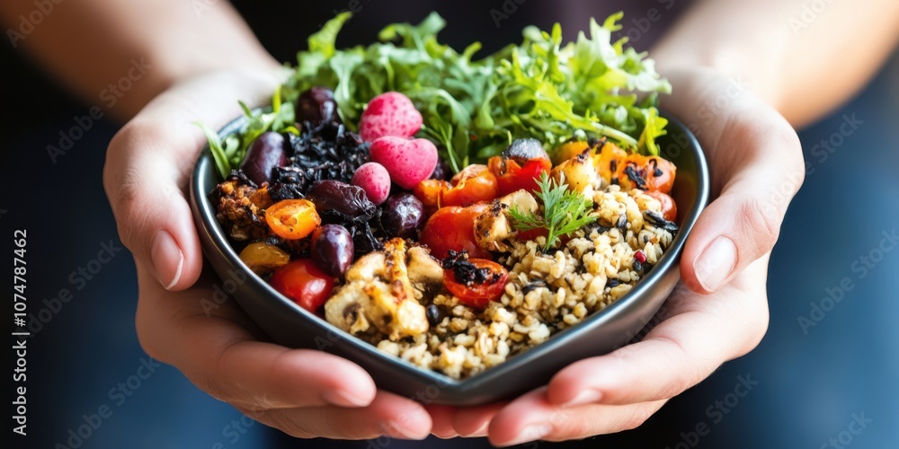 a personal hands holding a healthy meal in a heart shape formed by the food, representing heart-healthy nutrition a personal hands holding a healthy meal in a heart shape formed by the food, representing heart-healthy nutrition