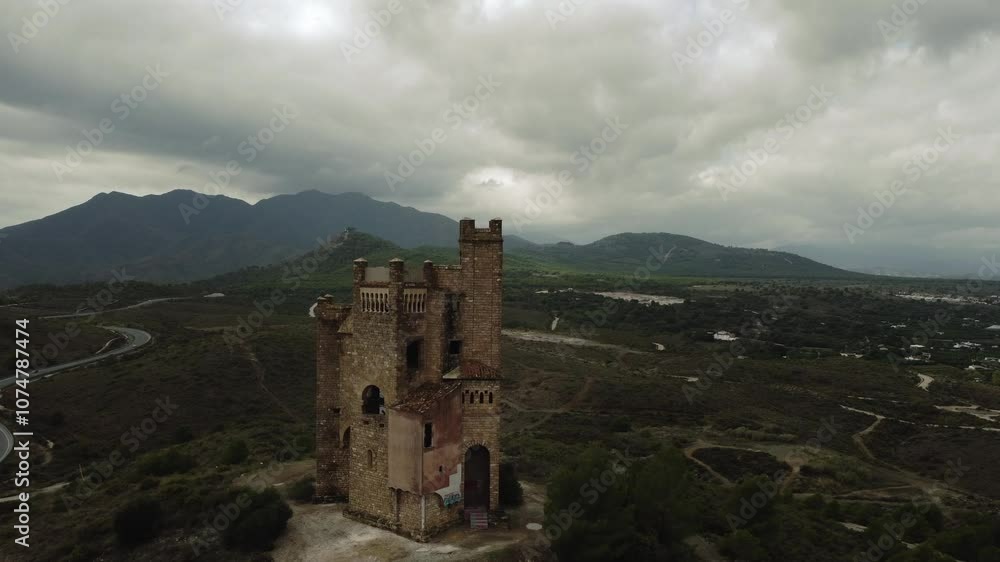 Aerial view of an old stone castle ruin atop a hill with mountains and cloudy sky in the background, capturing historic and scenic beauty Aerial view of an old stone castle ruin atop a hill with mountains and cloudy sky in the background, capturing historic and scenic beauty