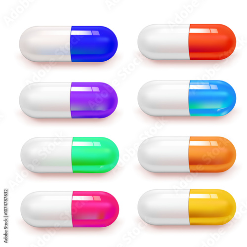 Realistic 3D medical pill icon set in various colors on a white background, top view, vector illustration.