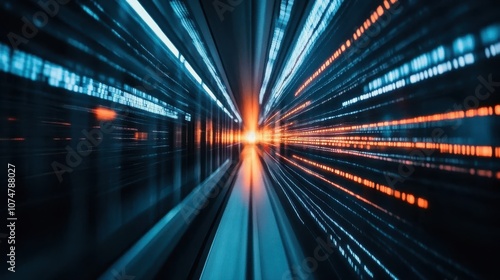 A high-speed abstract visual of digital data flow, featuring vibrant blue and orange light streaks converging at a bright center, symbolizes innovation and technology.