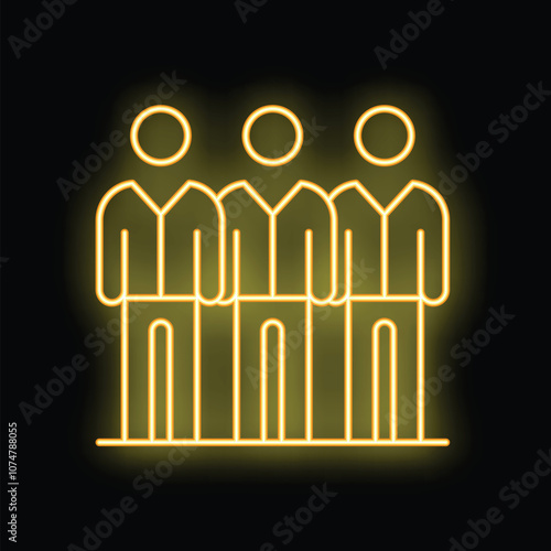 Yellow glowing neon line four businessmen holding hands icon isolated on black background