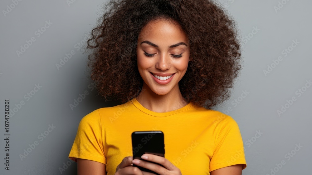 A lively of a young woman with curly hair joyfully using her smartphone in a bright yellow t-shirt against a neutral gray background, highlighting themes of technology and connection. A lively of a young woman with curly hair joyfully using her smartphone in a bright yellow t-shirt against a neutral gray background, highlighting themes of technology and connection.