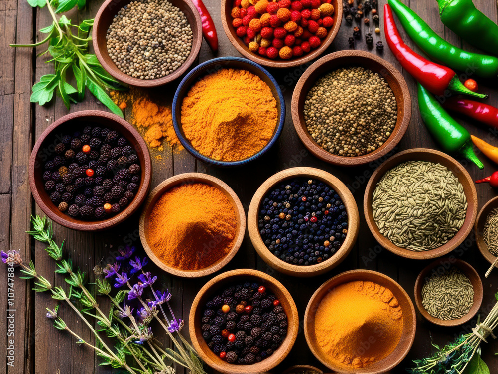 A variety of spices are displayed in wooden bowls on a wooden table A variety of spices are displayed in wooden bowls on a wooden table