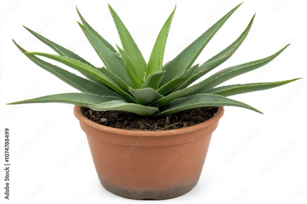 Small Delicate Potted Plant in a Clay Pot on a Clean White Background, Highlighted with Soft Focus for a High Quality Image Concept Small Delicate Potted Plant in a Clay Pot on a Clean White Background, Highlighted with Soft Focus for a High Quality Image Concept