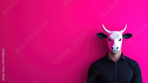 A striking a person in a white cow mask against a vibrant pink background, dressed in a black shirt. playful creativity and uniqueness, ideal for promotions. photo