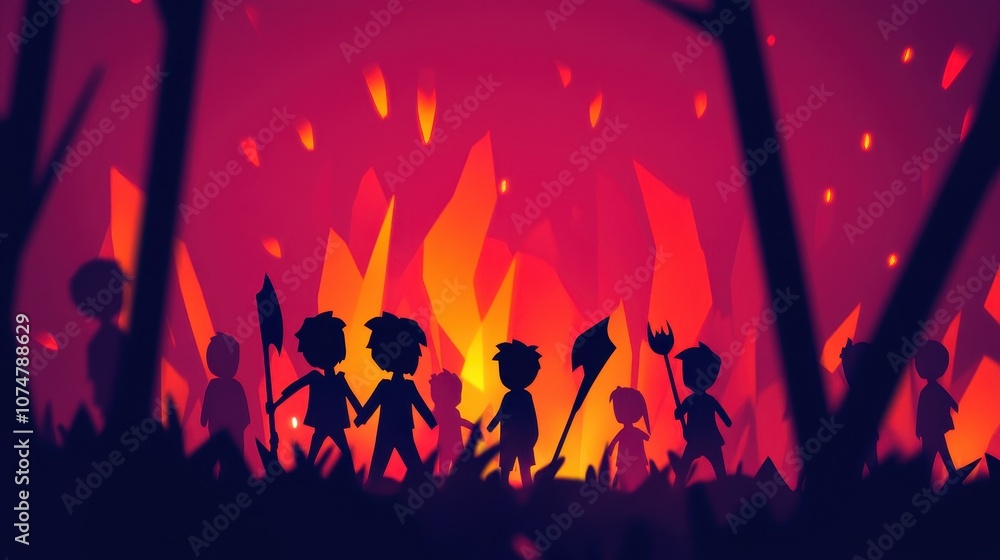 A striking silhouette stylized figures with primitive weapons against a vivid flame backdrop. fiery colors enhance themes of survival, conflict, and unity. A striking silhouette stylized figures with primitive weapons against a vivid flame backdrop. fiery colors enhance themes of survival, conflict, and unity.