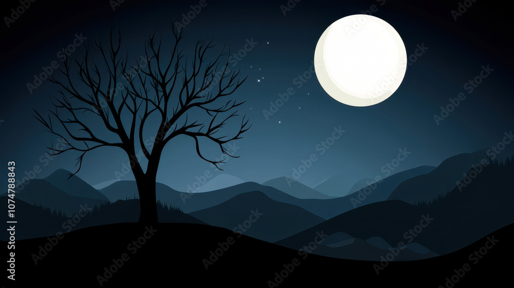 A tranquil night scene with a silhouetted tree against a serene sky. A bright full moon illuminates rolling mountains, while stars twinkle, creating a peaceful atmosphere. A tranquil night scene with a silhouetted tree against a serene sky. A bright full moon illuminates rolling mountains, while stars twinkle, creating a peaceful atmosphere.