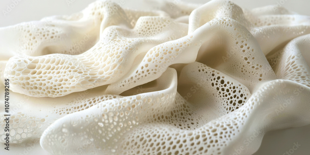 A white fabric with a pattern of holes and a texture that resembles a coral A white fabric with a pattern of holes and a texture that resembles a coral