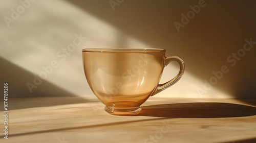 Empty glass coffee cup casts shadow wall. Aesthetic background, copy space