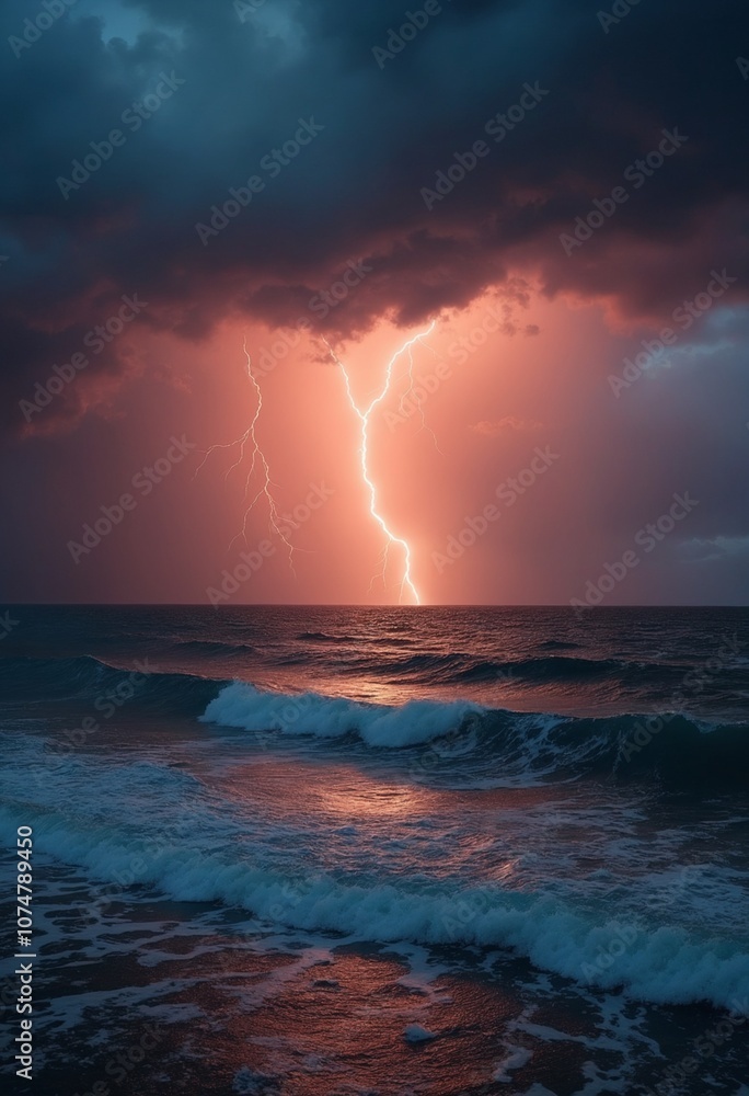 A dramatic stormy seascape with lightning striking the ocean during a sunset A dramatic stormy seascape with lightning striking the ocean during a sunset