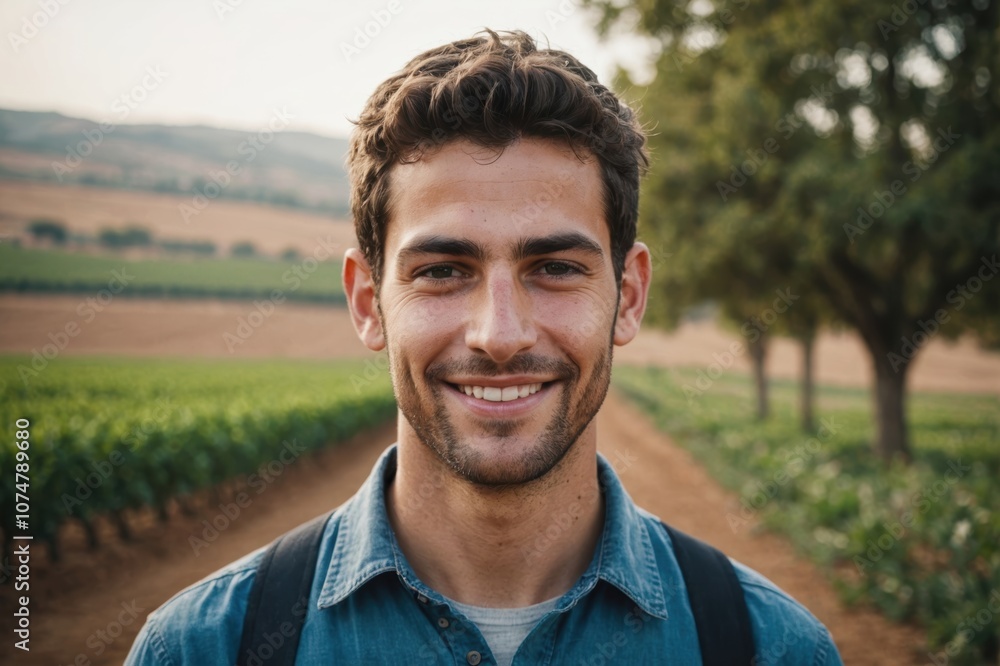 Close portrait of a smiling young Israeli male farmer standing and looking at the camera, outdoors Israeli rural blurred background Close portrait of a smiling young Israeli male farmer standing and looking at the camera, outdoors Israeli rural blurred background