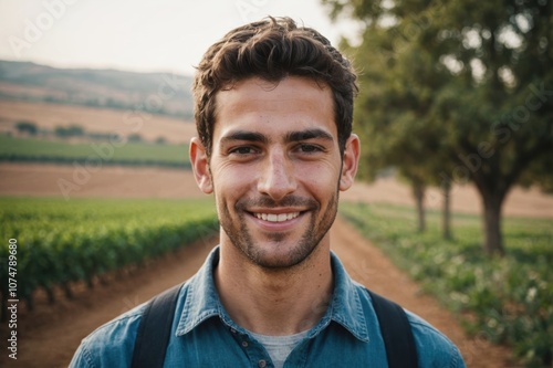 Close portrait of a smiling young Israeli male farmer standing and looking at the camera, outdoors Israeli rural blurred background