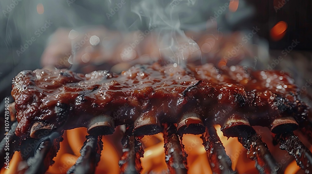 Close-up of a Rib Rack Grilling Over an Open Flame Close-up of a Rib Rack Grilling Over an Open Flame