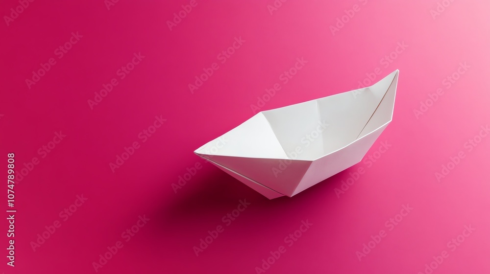A white paper boat on a pink surface with a pink background. A white paper boat on a pink surface with a pink background.