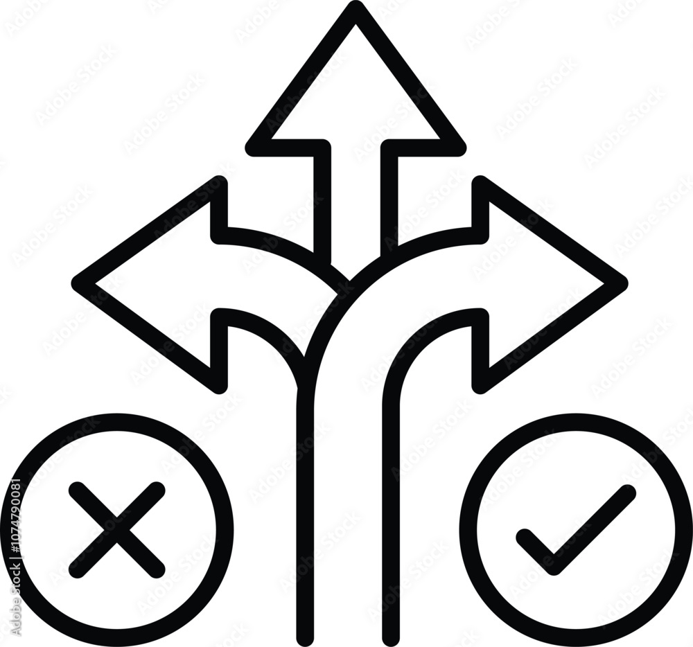 Intelligent Routing Icon – Pathway Arrows with Decision Points. Black Vector outline style Intelligent Routing Icon – Pathway Arrows with Decision Points. Black Vector outline style