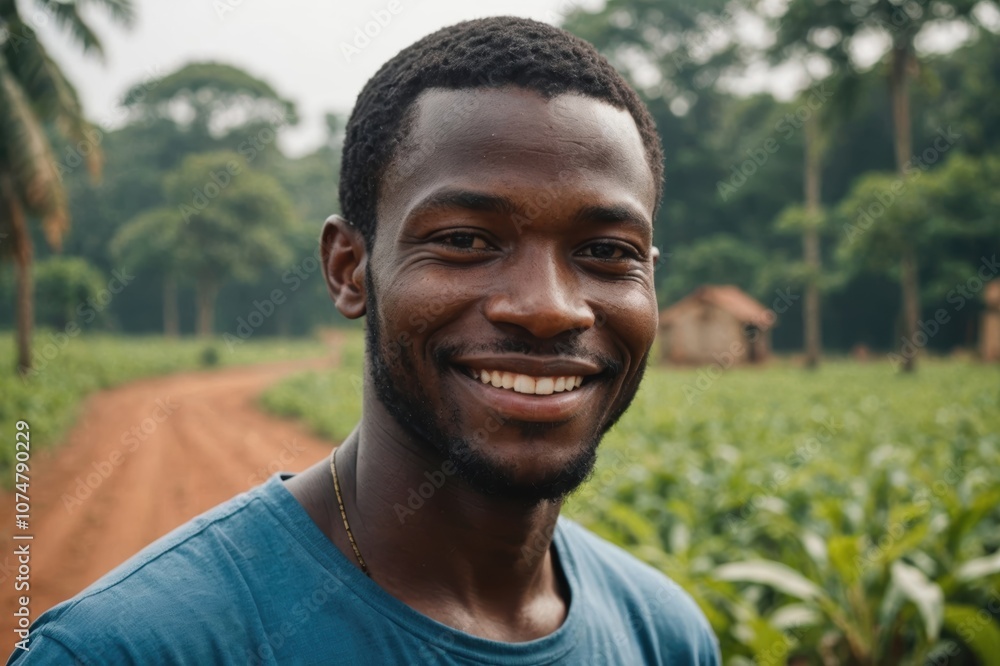 Close portrait of a smiling young Ivorian male farmer standing and looking at the camera, outdoors Ivorian rural blurred background Close portrait of a smiling young Ivorian male farmer standing and looking at the camera, outdoors Ivorian rural blurred background