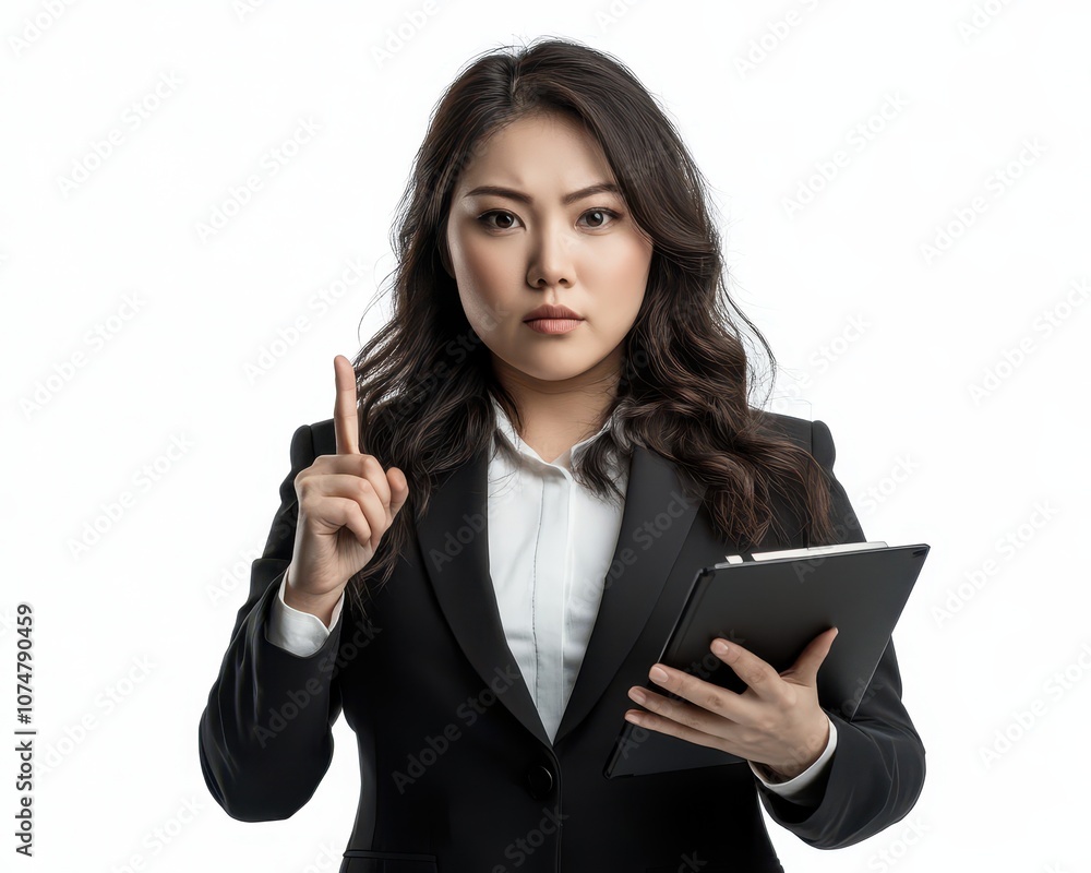 Portrait of Asian curvy woman in a business suit, holding a notebook, focused look, white background, professionalism concept Portrait of Asian curvy woman in a business suit, holding a notebook, focused look, white background, professionalism concept