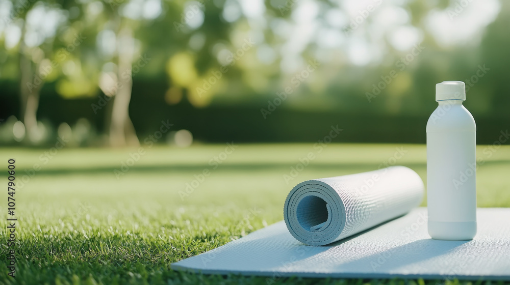 Outdoor yoga setup with mat and water bottle in a serene park setting Outdoor yoga setup with mat and water bottle in a serene park setting