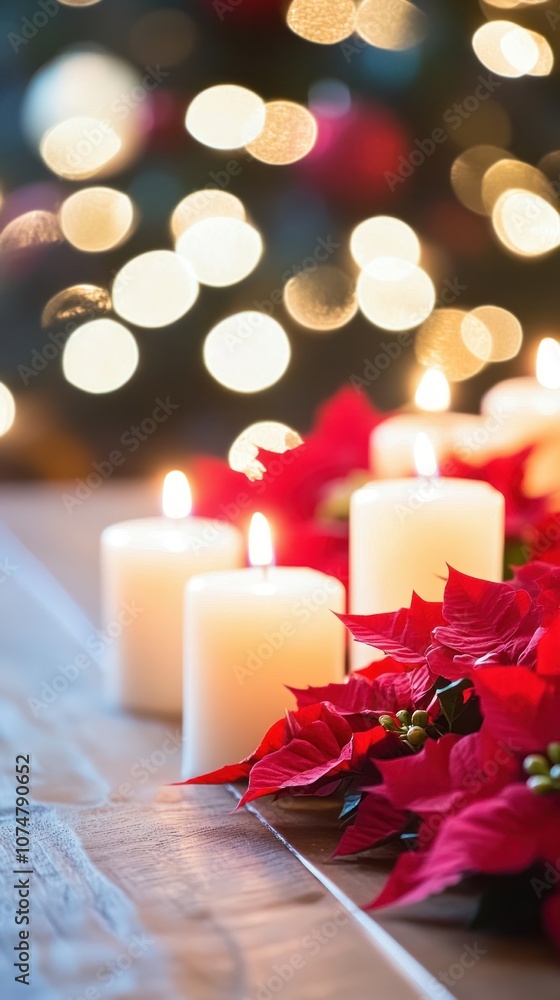 A serene holiday scene with white candles and red poinsettias, evoking warmth and celebration. A serene holiday scene with white candles and red poinsettias, evoking warmth and celebration.