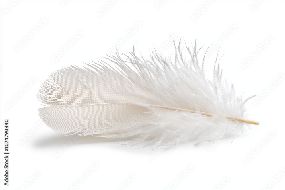 A delicate white feather with intricate details, showcasing its soft texture and graceful appearance against a plain background. A delicate white feather with intricate details, showcasing its soft texture and graceful appearance against a plain background.
