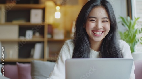 Smiling Asian woman sitting in front of her laptop at home.