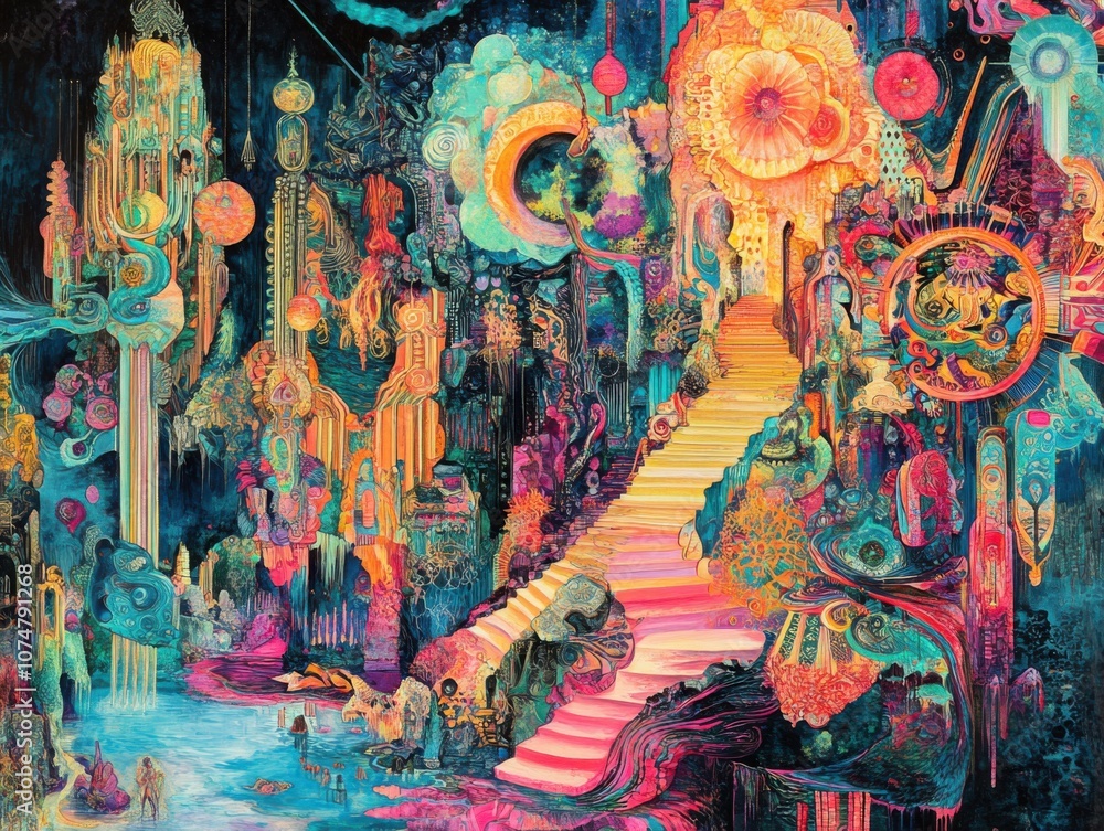 Fototapeta premium Intricate fantasy landscape with colorful abstract structures and otherworldly scenery. Maximalist illustration for poster or wall art