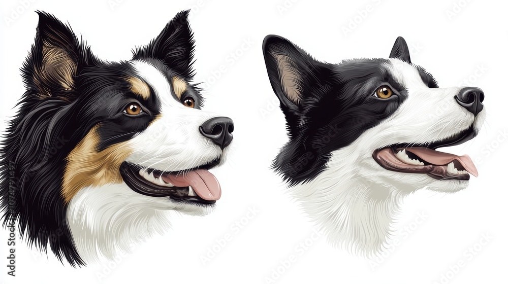 Two colorful dog heads, one with a tri-color coat and the other black and white, both displaying happy expressions and bright eyes. Two colorful dog heads, one with a tri-color coat and the other black and white, both displaying happy expressions and bright eyes.