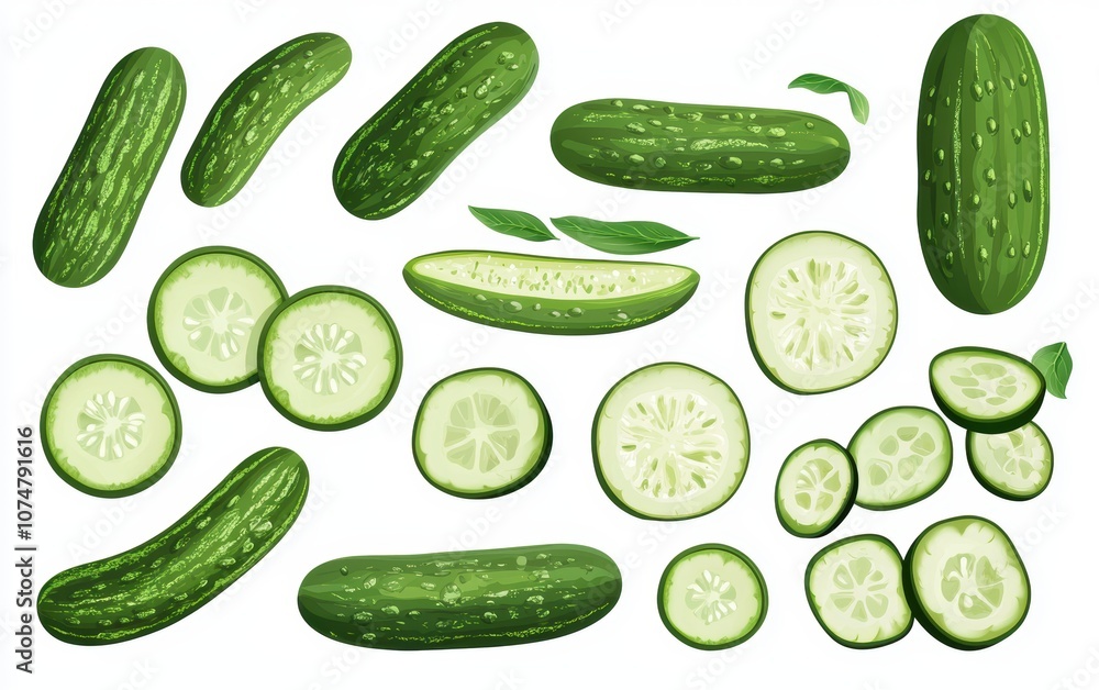 A collection of cucumbers in various shapes and slices, showcasing their vibrant green color and fresh appearance. A collection of cucumbers in various shapes and slices, showcasing their vibrant green color and fresh appearance.