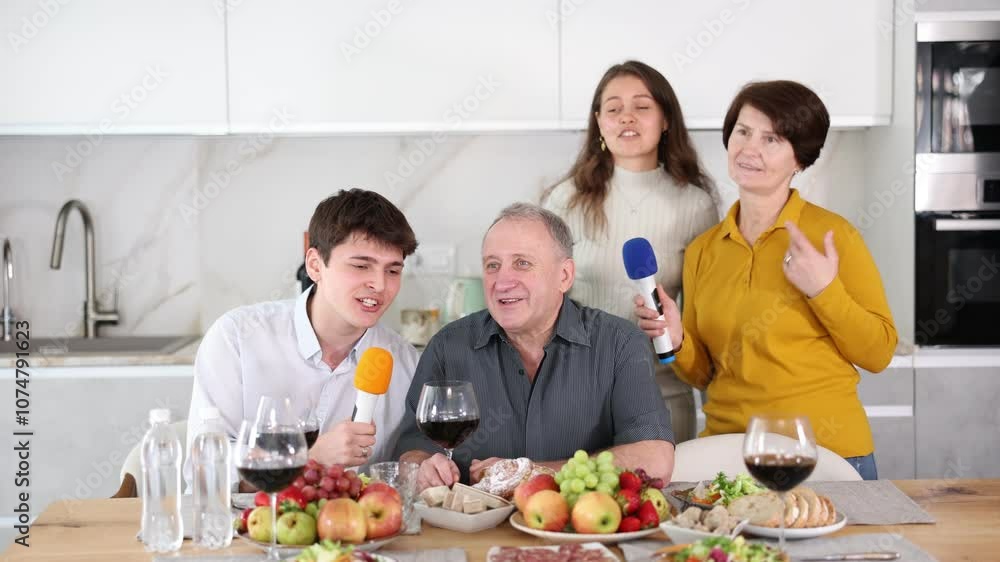Happy carefree family of old parents and youth enjoying singing with microphones at home karaoke during festive gathering in cozy kitchen setting Happy carefree family of old parents and youth enjoying singing with microphones at home karaoke during festive gathering in cozy kitchen setting