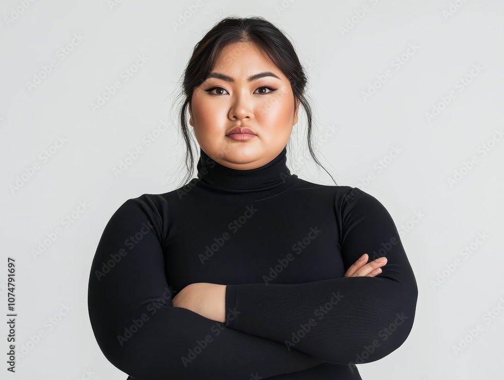 Asian fat woman with crossed arms, strong expression, in black turtleneck, white background, empowerment concept Asian fat woman with crossed arms, strong expression, in black turtleneck, white background, empowerment concept