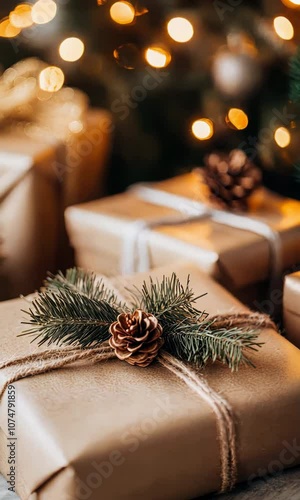 Sustainably decorated Christmas living room with gifts wrapped in brown recycled paper, natural pine decorations	
