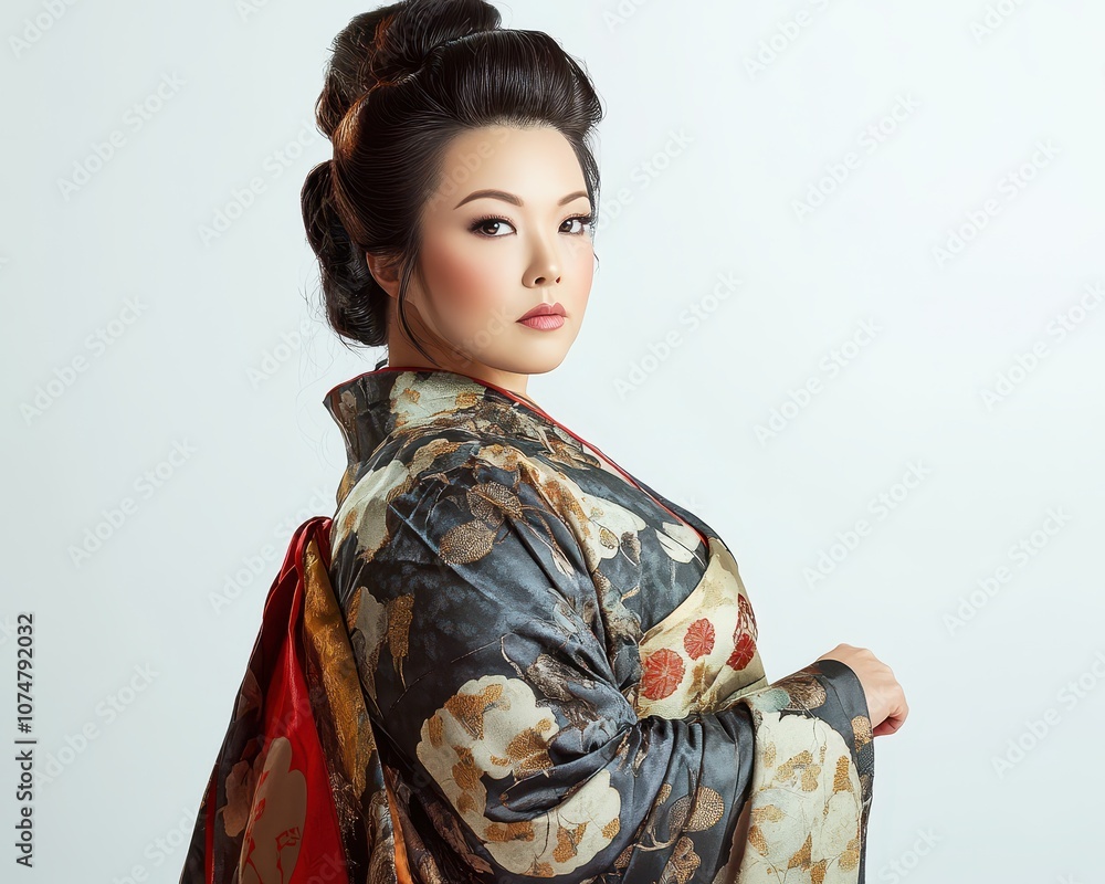 Asian plussize woman in traditional dance pose, expressive face, white background, cultural elegance and grace