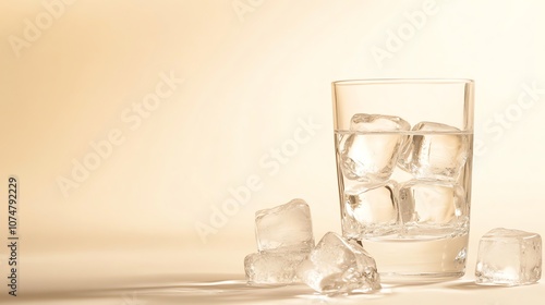 A glass of ice water on a tan background.