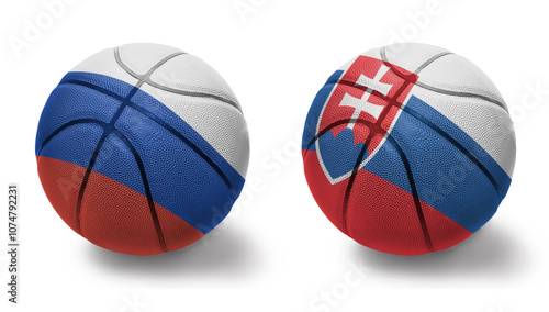 Photography basketball balls with the national flags of slovakia and russia on the white background