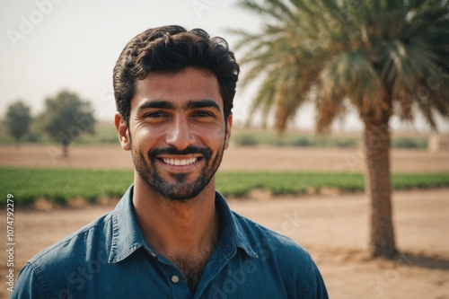 Close portrait of a smiling young Kuwaiti male farmer standing and looking at the camera, outdoors Kuwaiti rural blurred background