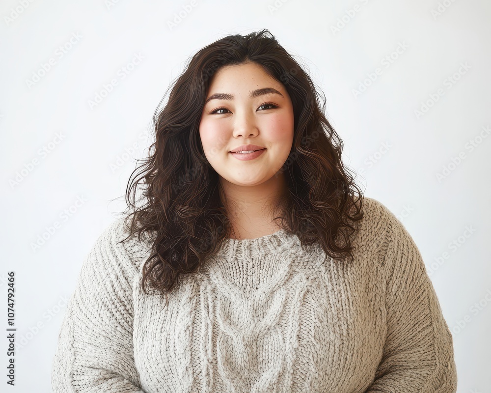 Asian curvy woman in colorful scarf, thoughtful gaze, white background, diversity and selfexpression Asian curvy woman in colorful scarf, thoughtful gaze, white background, diversity and selfexpression