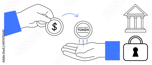 Hands exchanging a dollar coin for a token bank building and padlock icons. Ideal for finance, banking, digital currency, transactions, security, investments, fintech. Line metaphor