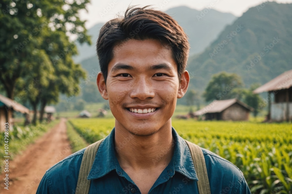 Close portrait of a smiling young Lao male farmer standing and looking at the camera, outdoors Lao rural blurred background Close portrait of a smiling young Lao male farmer standing and looking at the camera, outdoors Lao rural blurred background