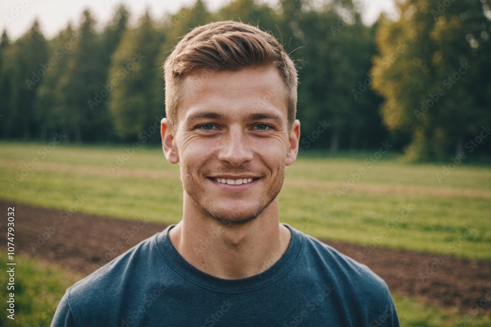 Close portrait of a smiling young Latvian male farmer standing and looking at the camera, outdoors Latvian rural blurred background Close portrait of a smiling young Latvian male farmer standing and looking at the camera, outdoors Latvian rural blurred background