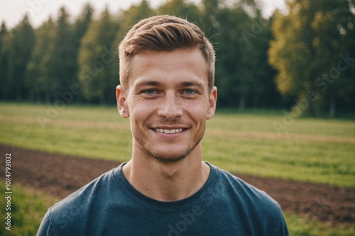 Close portrait of a smiling young Latvian male farmer standing and looking at the camera, outdoors Latvian rural blurred background