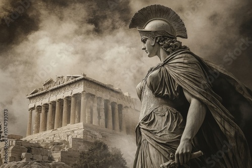 Statue of Athena, Greek goddess of wisdom and war, standing majestically before the Parthenon under dramatic cloudy skies, symbolizing ancient Greek mythology and classical architecture