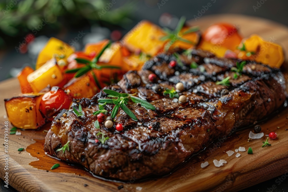 Close-up of a Grilled Steak with Roasted Vegetables and Seasoning on a Wooden Board Close-up of a Grilled Steak with Roasted Vegetables and Seasoning on a Wooden Board